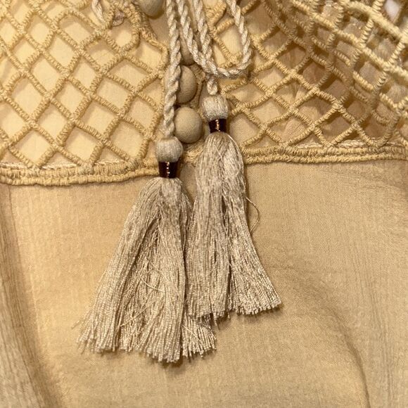 fp S Pale Yellow On The Island Crochet Yoke High Neck Sheer Mesh Bell Sleeve Top - Picture 12 of 14